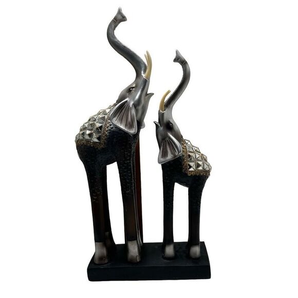 Vintage Mother & Baby Elephant Statue 17"x 7.5" Silver Gold-tone Metal & Wood - Picture 5 of 13